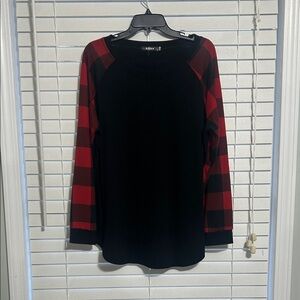 Black Crewneck Sweater with Red Buffalo Plaid Sleeves